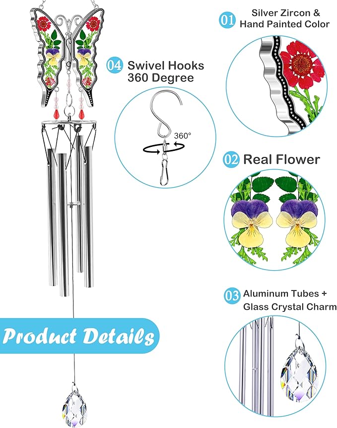 KY&BOSAM Butterfly Wind Chime for Outside with Crystal Sympathy Wind Spinner Wind Chimes Memory Memorial Wind Chime for Loss of Loved One Mother Father Condolence Gift Home Outdoor Garden Patio Decor