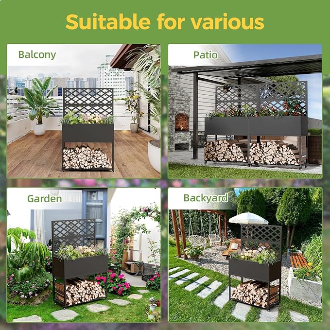 Metal Planter Box with Trellis, 3 in 1 Raised Garden Bed with Trelli & Firewood Rack, Privacy Planter Screen for Climbing Plants, Vine, Outdoor Garden Standing Beds with Drainage Holes, Wheels,Black