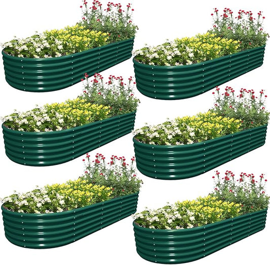 6 Pack 8x3x1.5FT Galvanized Raised Garden Bed Kit Oval Metal Ground Planter Box Outdoor Bottomless Planter Raised Beds for Vegetables Flowers Herbs Fruits, Green