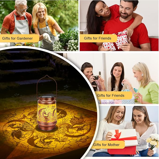 Dragon Gifts for Women Men - Floral Dragon Solar Lanterns Outdoor Waterproof, Dragons Decor Hanging LED Solar Lights for Garden, Birthday Christmas Mother's Day Father's Day Housewarming Gift