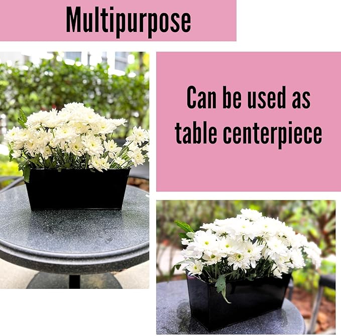 LaLaGreen Rail Planter Box (4 Pack, 12 Inch) Black Metal Strawberry Outdoor Hanging Flower Bucket with Drainage Handle Hook, Rectangle Balcony Deck Fence Plant Holder Window Boxes Rustic Home Decors