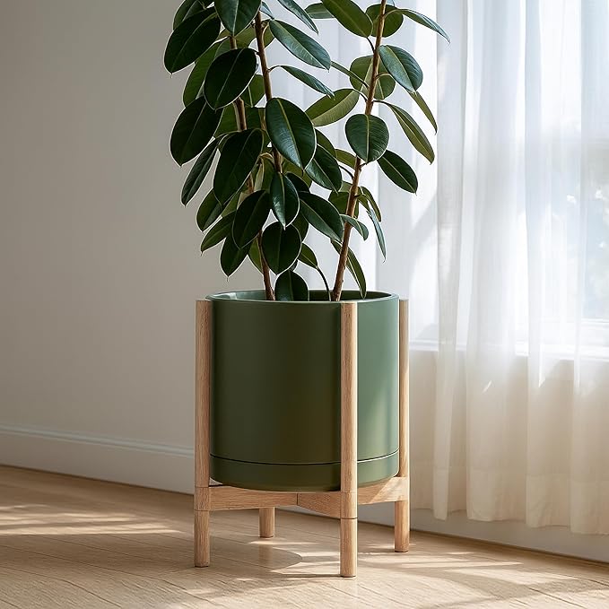 D'vine Dev Ceramic Planter with Natural Stand - 14 Inch Modern Round Flower Pot with Wood Planter Holder, Olive, 55-B-R-J