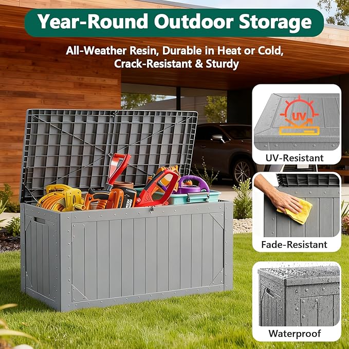 MAKE CHANGES Outdoor Storage Box, 100 Gallon Deck Box Outdoor Storage Bench Outside Waterproof Resin Storage Bench, Lockable Patio Cushions, Garden Tools Storage For Furniture, UV Resistant(Gray)