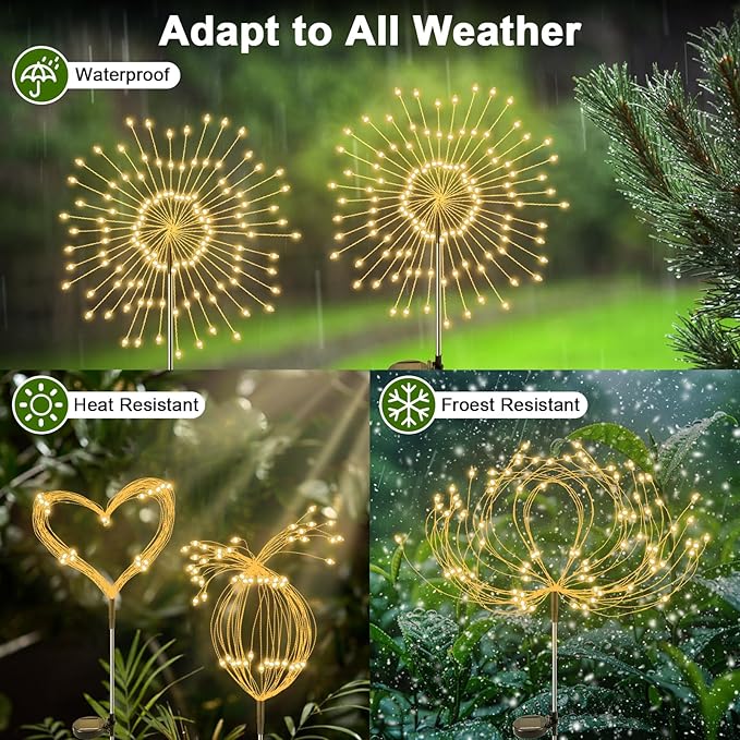 Solar Garden Lights Outdoor, 4 Pack 120 LED Twinkling Firework Lights Decorative with 2 Modes, Outdoor Waterproof Solar Starburst Light for Outside Yard Pathway Garden Decor, Warm White