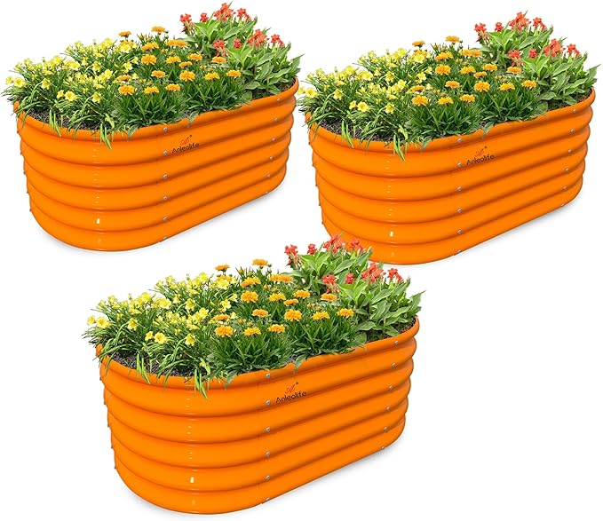A ANLEOLIFE Kids Mini Raised Garden Beds Outdoor (3-Pack)-40x24x18in Oval Round Galvanized Metal Planter Box for Planting Vegetables, Flowers, Fruits, Eco-Safe & Easy Setup, Peach Orange