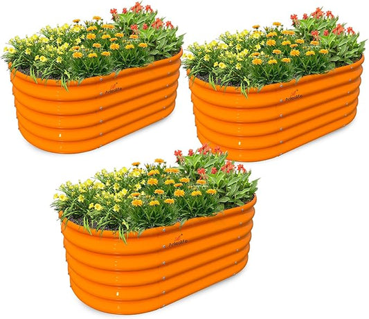 A ANLEOLIFE Kids Mini Raised Garden Beds Outdoor (3-Pack)-40x24x18in Oval Round Galvanized Metal Planter Box for Planting Vegetables, Flowers, Fruits, Eco-Safe & Easy Setup, Peach Orange