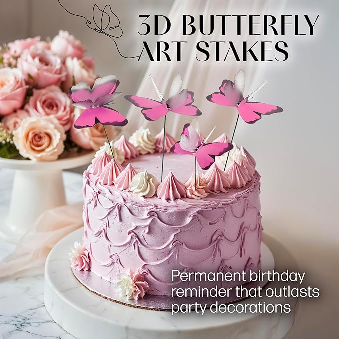 Handmade Lilac Pink Butterfly Garden Stakes - Set of 7 Premium 3D Hand-Painted Butterflies with Fluttering Spring Movement, Weatherproof Metal Rod, Outdoor Indoor Decor, Ideal Gift