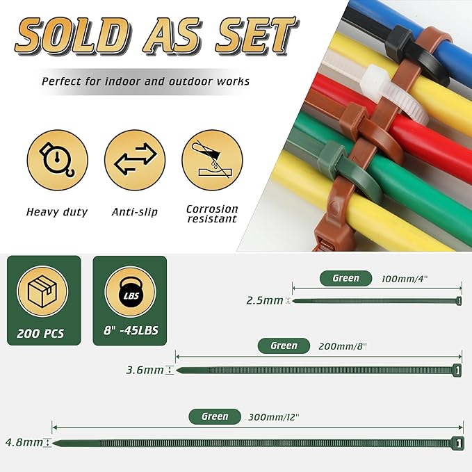 8 Inch PA66 Green Zip Ties 200 Pcs, 45 Lbs Tensile Strength Plastic Wire Ties with 3.6mm Wide, Premium Self-locking Nylon Cable Ties Decoration Tie Wraps for Outdoor Indoor Gardening Grid Wall