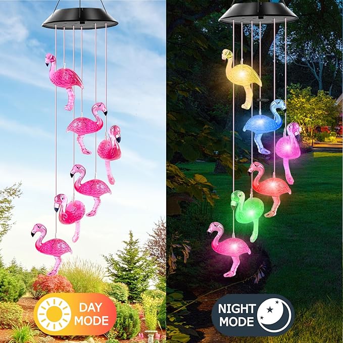 Solar Flamingo Wind Chimes,IP65 Waterproof Flamingo Lights with Color Changing LED Solar Wind Chimes, Light LED Black Cover Gift for Christmas Garden Decor Porch Decoration