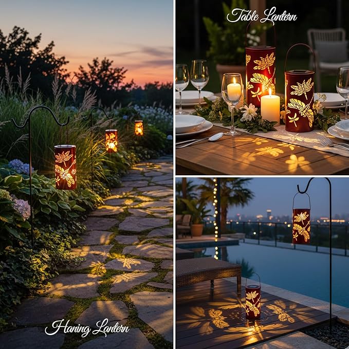 12.8" Large Size 2-Pack Outdoor Solar Lanterns Waterproof Metal Dragonfly Patterns Garden Decor Gifts for Women Mom Grandma Hanging Solar Lanterns for Outside Yard, Patio, Backyard, Porch