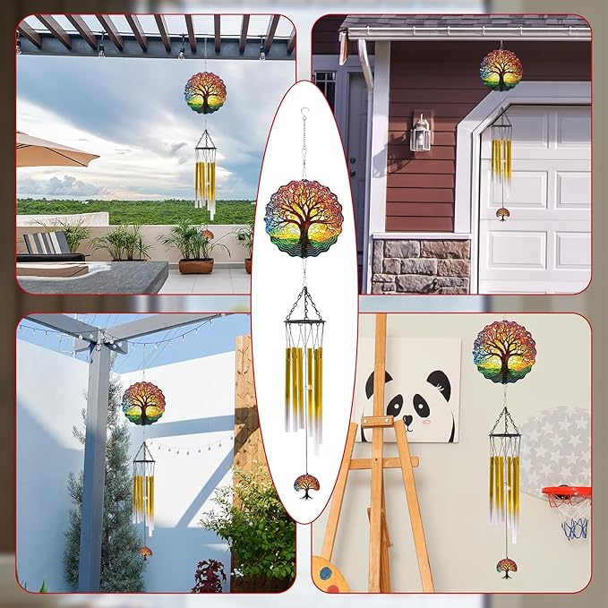 Windchimes with Tree of Life Wind Spinners Gift, Metal 3D Wind Spinner Hanging Wind Chimes Decor for Yard Outdoor, Home Garden Ornaments Gifts for Mom Women Christmas