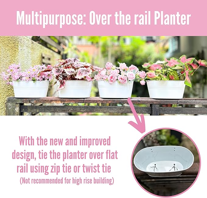 LaLaGreen Planter Boxes for Outdoor (6 Pack, 17 Inch) White Metal Deck Railing Hanging Flower Pots, Large Window Box Plant Holder Hooks Fence Rail Buckets Modern Herb Boho Style Wall Mount Porch Decor