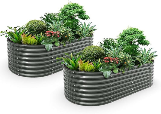 A ANLEOLIFE 2-Set 8X4X2 ft Galvanized Raised Garden Bed Kit, Oval Metal Deep Root Planters for Outdoor Plants, Quartz Grey