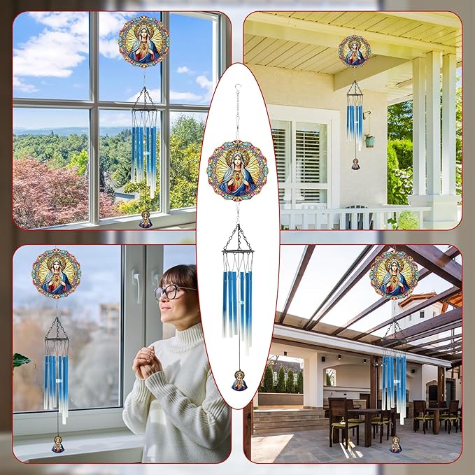 Lady of Guadalupe Windchimes with Wind Spinner Outdoors, Wind Chimes Catholic Gifts for Women Mom Sisters, Metal 3D Hanging Ornaments Decor for Garden Outside Yard