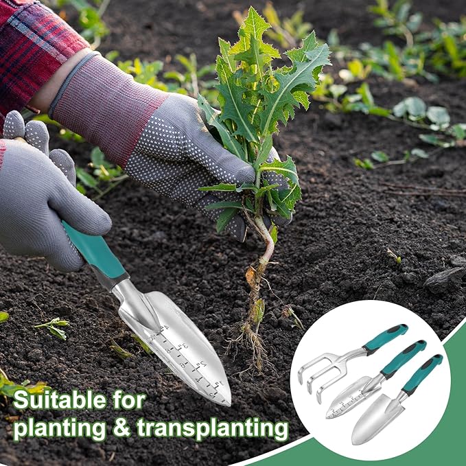 HARFINGTON 3pcs Garden Tools Set Metal Garden Hand Shovels and Hand Rake Tools Kit for Gardening Planting Weeding, Blue