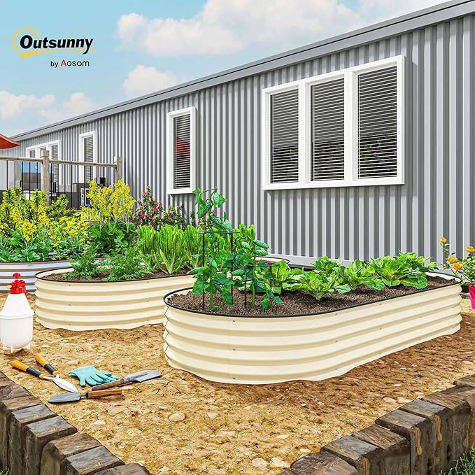 Outsunny 2PCS Galvanized Raised Garden Bed, 7' x 3' x 1' Raised Beds for Gardening with Plant Support Stakes, Rubber Strap Edging and Gloves, Metal Planter Box for Vegetables, Flowers, Cream White
