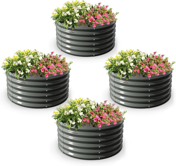 A ANLEOLIFE 4-Packs 4ft x 18” Tall Round Galvanized Raised Garden Beds Outdoor for Planting Vegetables Flowers Herb, Quartz Grey