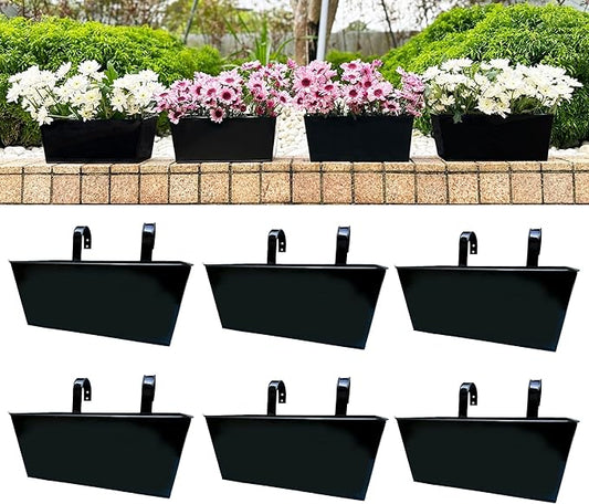 LaLaGreen Rail Planters (6 Pack, 14 Inch) Black Metal Rectangle Strawberry Window Boxes Outdoor Balcony Deck Railing Fence Hanging Flower Herb Pot with Detachable Hook Patio Porch Farmhouse Minimalist