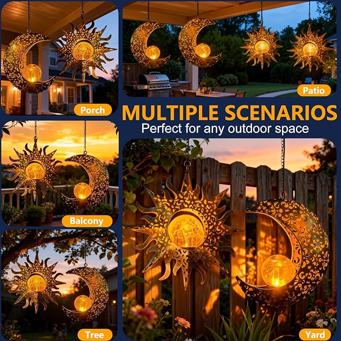 Solar Hanging Sun and Moon Lights Garden Outside Decor,2 Pack Metal Lanterns Outdoor Sunflower Art Decorations for Porch Backyard Patio Wall Tree,Unique Gardening Gifts for Women Mom Grandma