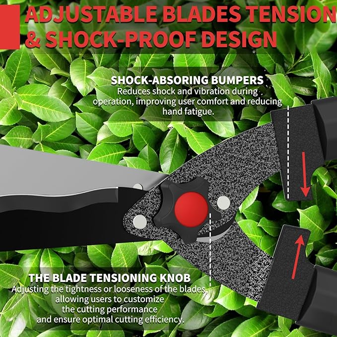 GARTOL 23-Inch Hedge Shears with 9‘’ Extra Thick High Carbon Steel Wavy-Blade, Precision Cutting | Rust-Resistant Ergonomic Handles with TPR Grip, Adjustable Tension Knob & Shock-Absorbing Bumpers