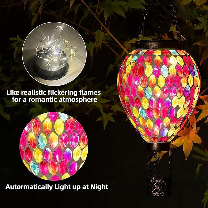 VOREEN Hot Air Balloon Solar Lantern, Mosaic Glass Hanging Solar Lights for Outside Garden & Patio, Waterproof Outdoor Decor, Handmade Art Glass Balloon (Red)