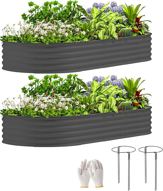 Outsunny 2PCS Galvanized Raised Garden Bed, 7' x 3' x 1' Raised Beds for Gardening with Plant Support Stakes, Rubber Strap Edging and Gloves, Metal Planter Box for Vegetables, Flowers, Dark Gray