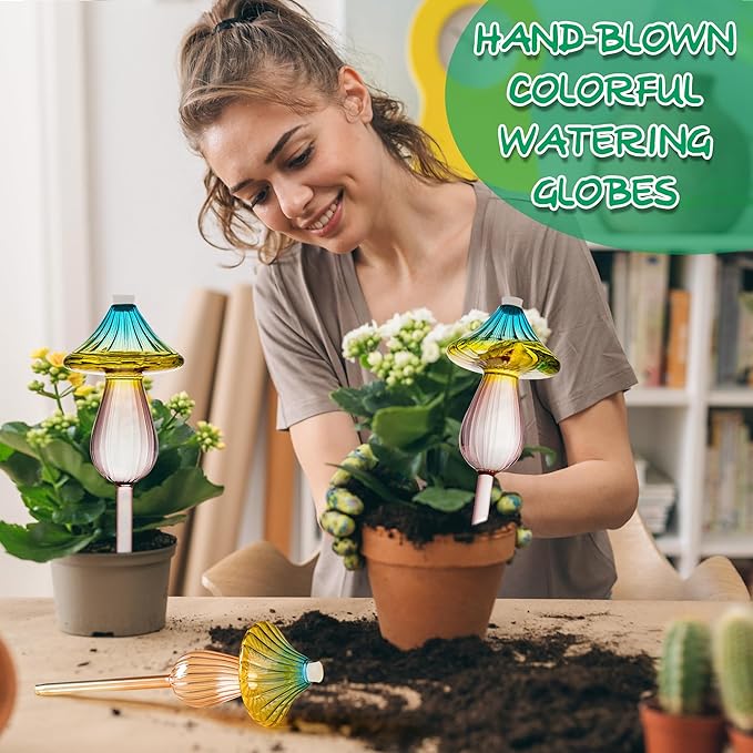 Plant Watering Globes, Rainbow Gradient Color Mushroom Plant Watering Devices, Self Watering Globes,Self Watering Planter Insert - Watering Bulbs for Indoor Plants for Travel Vacation (4 PCS)