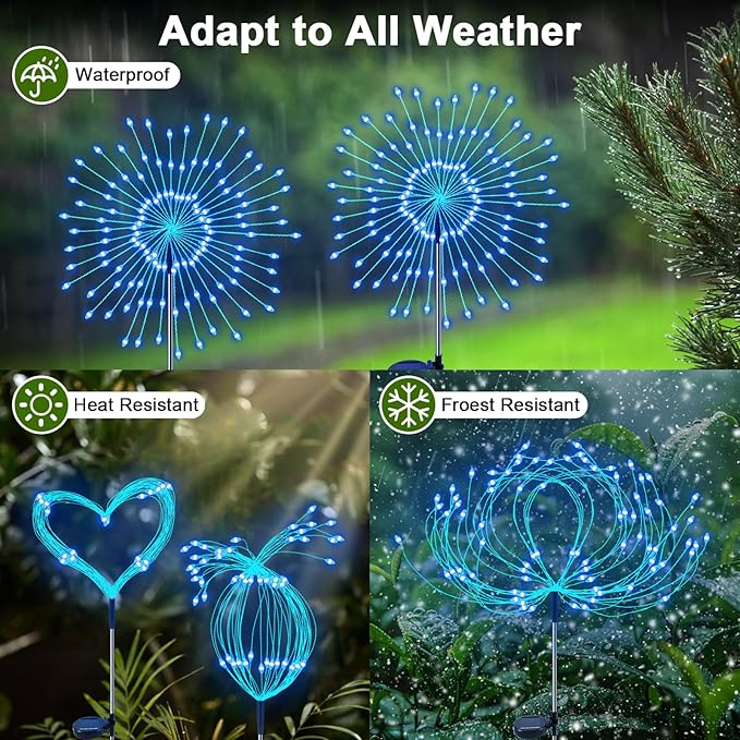 Solar Garden Lights Outdoor, 2 Pack 120 LED Twinkling Firework Lights Decorative with 2 Modes, Outdoor Waterproof Solar Starburst Light for Outside Yard Pathway Garden Decor, Blue
