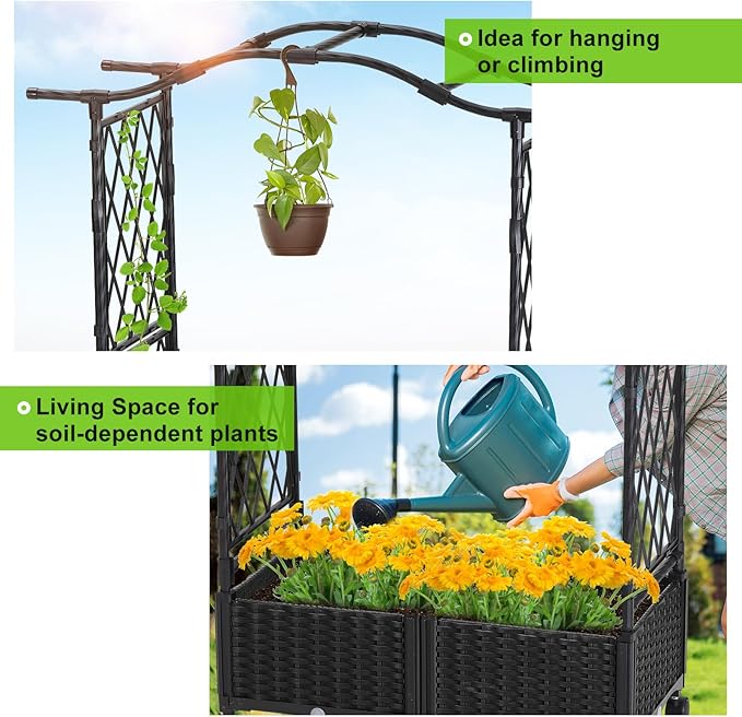lalahoni Planter with Trellis, 4.6ft Trellis Planter Self-Watering Box with Wheels Outdoor Plants Tomato Flower Vegetable Herb Garden Patio Balcony Indoor, Plastic Raised Bed Trellis Drainage Hole
