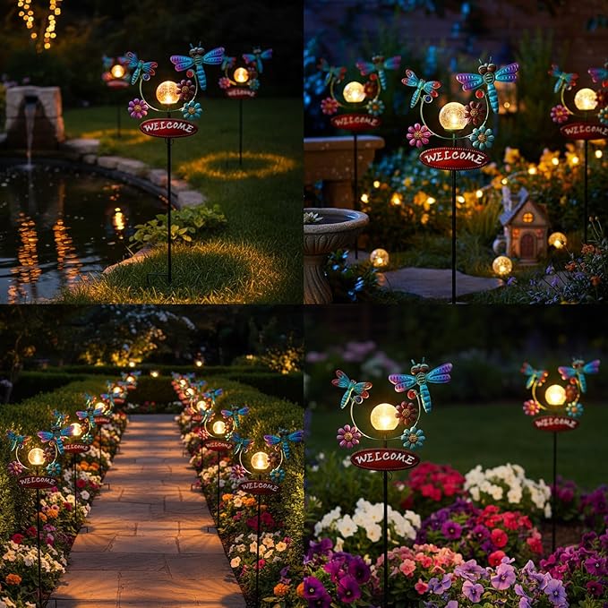Solar Garden Stakes Metal Welcome Signs for Outside 30.3', 2 Flying Dragonflies with Cracked Glass Ball,Decorative Garden Stakes for Lawn, Patio, Dragonfly Gifts for Women