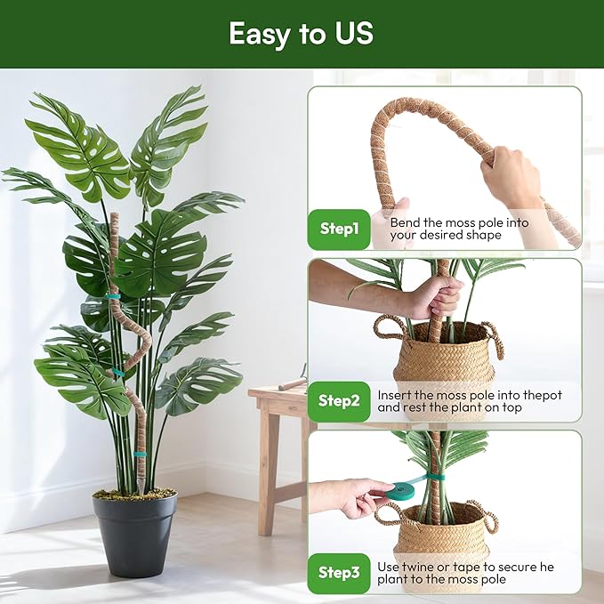 2 Pack 48'' Bendable Moss Pole Monstera Plant Support for Indoor Climbing Plants, Tall Plant Stick Support Stake for Potted Plants, Pothos, Philodendron