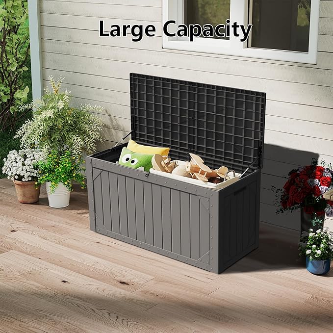 100 Gallon Resin Deck Box, Waterproof Outdoor Storage Box for Patio Furniture Cushions, Garden Tools, and Pool Accessories, Large Lockable UV-Resistant Storage Bin Bench Cabinet for Outside, Black
