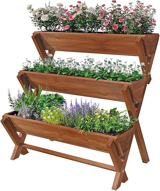 3 Tier Vertical Garden Planter,Raised Garden Bed,Planter Box,Fir Wood Freestanding Elevated Herb Stand Tower,Flower Strawberry Vegetable with Drain Holes,35x22x36 Inches, for Outdoor,Brown