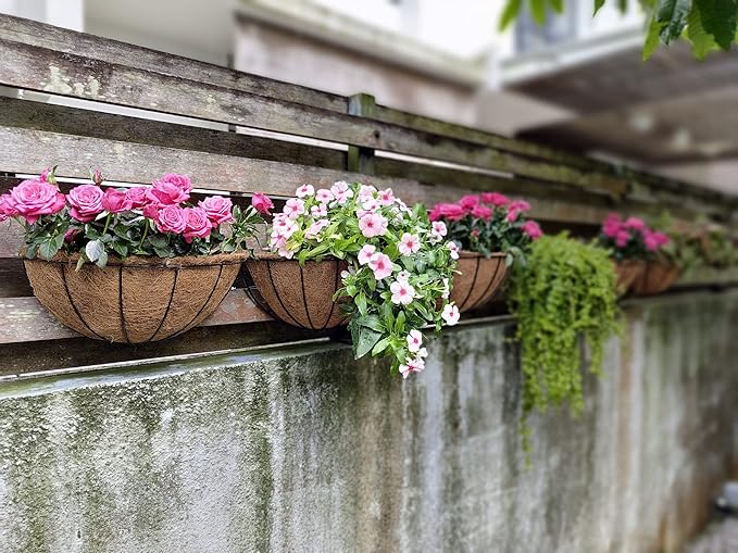 Maxona Wall Hanging Baskets,16 Inch 2 Pack Flower Planters for Outdoor Plants Wall Mounted with Coco Liner, Metal Iron Wire Holder for Window Herb Railing Fence Deck Balcony Porch Garden
