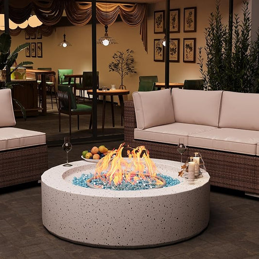 Outdoor Propane Fire Pit Table Set – Premium Terrazzo-Like MgO Finish, Round Gas Fire Table for Patio, Garden & Backyard, Includes Rain Cover & Glass Beads