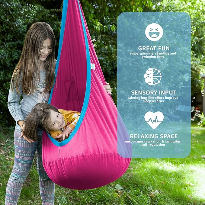 OUTREE Kids Pod Swing Seat, Cotton Child Hammock Swing Chair, Sensory Swing for Indoor and Outdoor Use, Pink and Blue