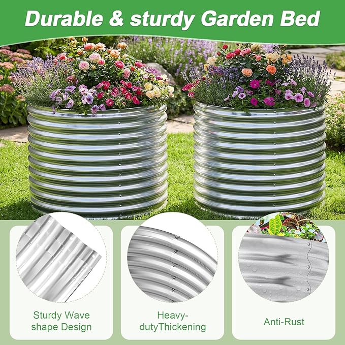 AHEONLAR 2 Pack 3x3x3ft Round Galvanized Raised Garden Bed Outdoor Metal Planter Box for Vegetables Steel Raised Beds for Gardening