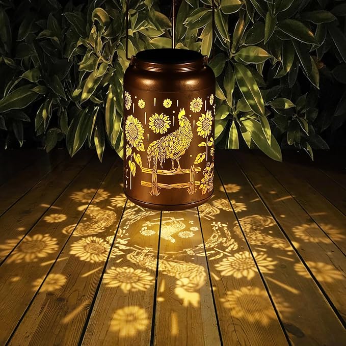 Solar Lanterns Outdoor Waterproof Hummingbird Garden Decor Gifts for Women Mom Grandma Hanging Lights Metal Decoration Outside for Yard, Patio,Backyard,Porch(Rooster)