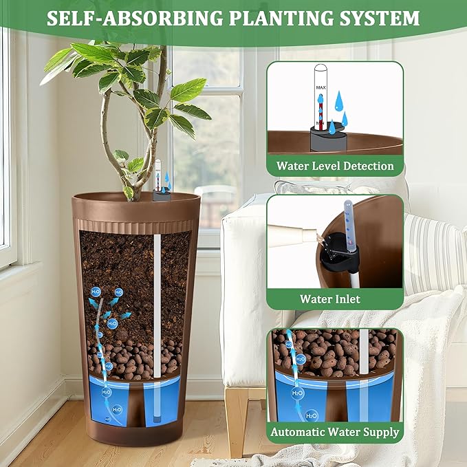 Set of 2 Tall Self-Watering Planters, 24" Large Planters with Water Level Indicator for Indoor & Outdoor Plants, Modern Planters for Garden, Patio, Balcony, Porch, Terracotta