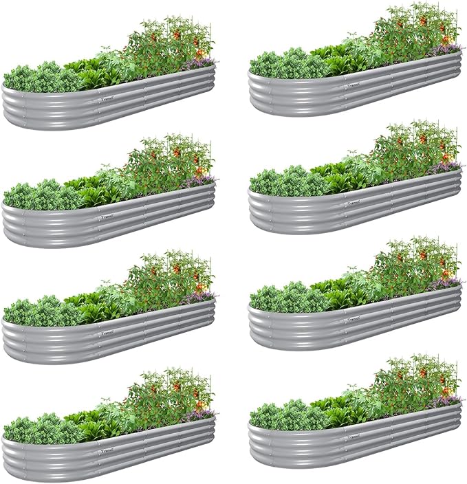 8 Pack 8x3x1FT Galvanized Raised Garden Bed Kit Oval Metal Ground Planter Box Outdoor Bottomless Planter Raised Beds for Vegetables Flowers Herbs Fruits, Gray