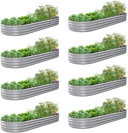 8 Pack 8x3x1FT Galvanized Raised Garden Bed Kit Oval Metal Ground Planter Box Outdoor Bottomless Planter Raised Beds for Vegetables Flowers Herbs Fruits, Gray