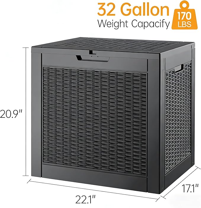 NBYSGO Outdoor Storage Box, Resin Deck Boxes Indoor and outdoor, Waterproof Storage Box Lockable Lid (Black,32 Gallon)
