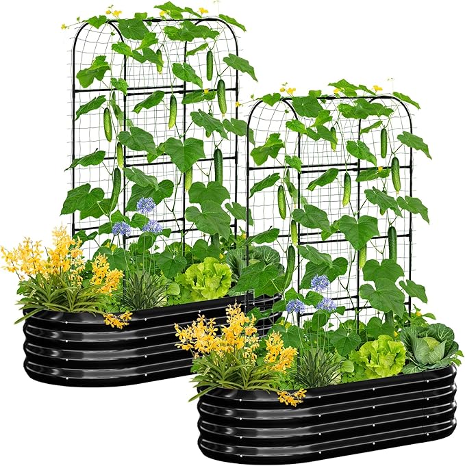 SUNYRISY 2Pack Galvanized Raised Garden Bed with 71in Arch Trellis for Climbing Plants, Outdoor Planter Box with Climbing Net for Gardening Flowers Vegetables Fruits Herbs, Black