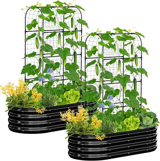 SUNYRISY 2Pack Galvanized Raised Garden Bed with 71in Arch Trellis for Climbing Plants, Outdoor Planter Box with Climbing Net for Gardening Flowers Vegetables Fruits Herbs, Black