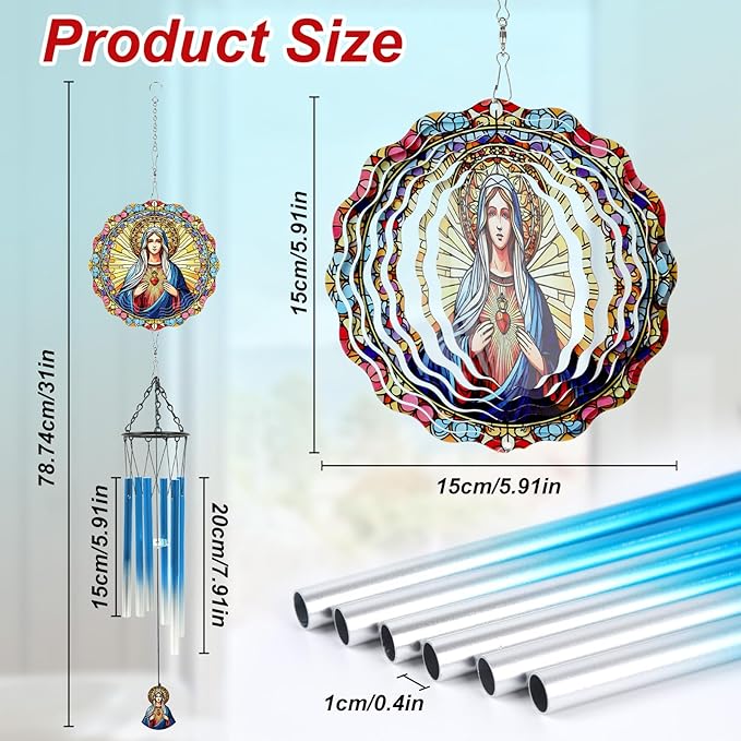 Lady of Guadalupe Windchimes with Wind Spinner Outdoors, Wind Chimes Catholic Gifts for Women Mom Sisters, Metal 3D Hanging Ornaments Decor for Garden Outside Yard