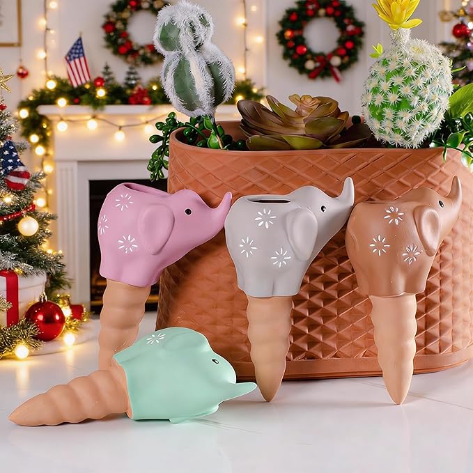 Plant Watering Devices, Elephant Shape Terracotta Watering Spikes, Vacation Self Watering Planter Insert, Small Plant Watering Globes for Indoor Outdoor Plants, 4 Pack