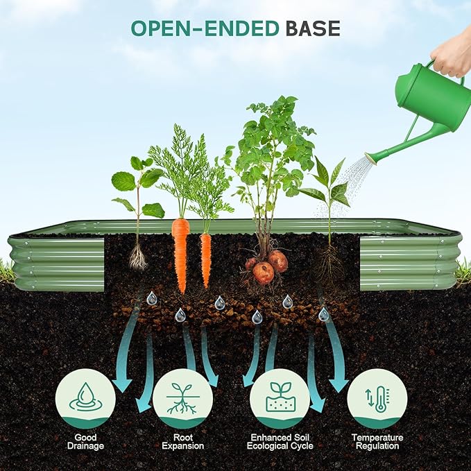 5 in 1Galvanized Raised Garden Bed - 8x3x1ft Modular Garden Planter Bed Outdoor | Steel Raised Bed Kit with Bracing Rods, Gloves for Gardening Vegetables Fruits and Flowers (Green)