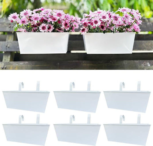 LalaGreen Planter Box (6 Pack, 12 Inch) Outdoor White Metal Rectangle Balcony Railing Fence Hanging Flower Pots for Strawberry, Succulent Herb Plant Holder Rustic Farmhouse Countryside Style Outside
