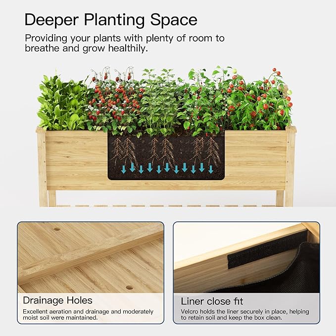 Kullavik 4 pcs Raised Garden Bed with Legs,Outdoor Elevated Cedar Wood Planter Box with Storage Shelf for Vegetables/Flowers/Herbs in Balcony/Backyard/Patio,220lb Capacity-Natural