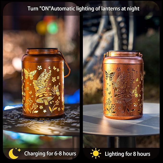2pack Solar Lanterns Outdoor Waterproof Hanging Butterfly Lights LED Metal Fairy Lantern Decorative Garden,Patio,Landscape,Walkway,Festival Christmas Decor Gifts for Women Men Mom Grandma